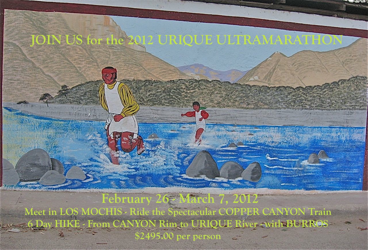 A painting in Urique depicts Tarahumaran runners splashing across the Urique River for the 2009 Caballo Blanco Ultramarathon